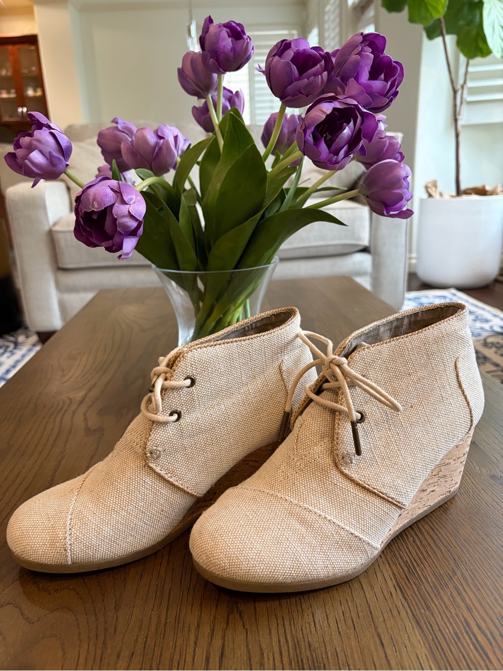 Toms Natural Beige Lace-Up Wedge Booties